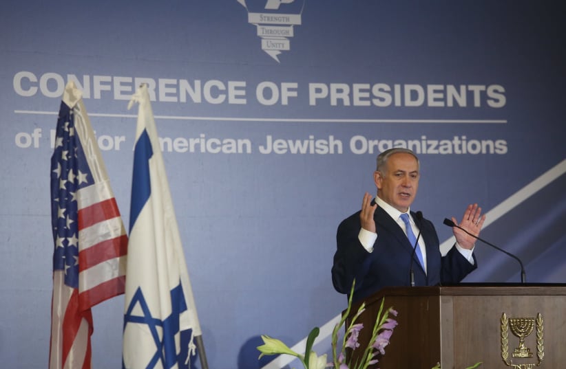 Prime Minister Benjamin Netanyahu speaking at the Conference of Presidents of Major American Jewish Organizations, February 21, 2018 (Marc Israel Sellem/The Jerusalem Post) (photo credit: MARC ISRAEL SELLEM/THE JERUSALEM POST)