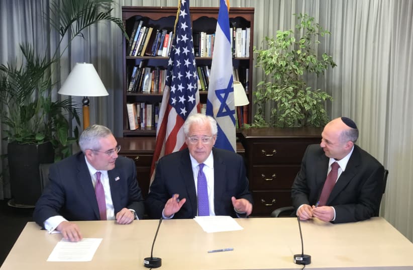 Paul Packer, commissioner of the Preservation of America’s Heritage Abroad, US Amb. David Friedman and Director General of the Ministry of Diaspora Affairs at the signing ceremony in Tel Aviv on Monday. (Courtesy) (photo credit: Courtesy)
