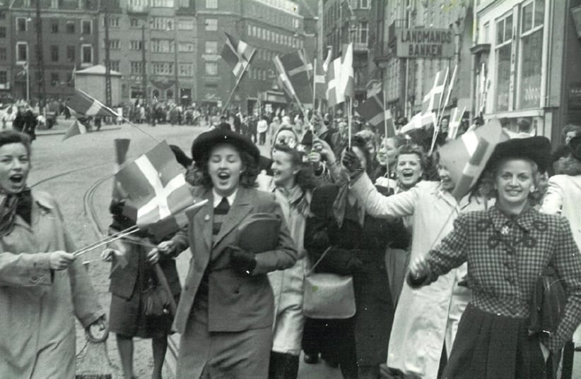 People celebrate the liberation of Denmark, in Copenhagen on May 5, 1945 (photo credit: Wikimedia Commons)