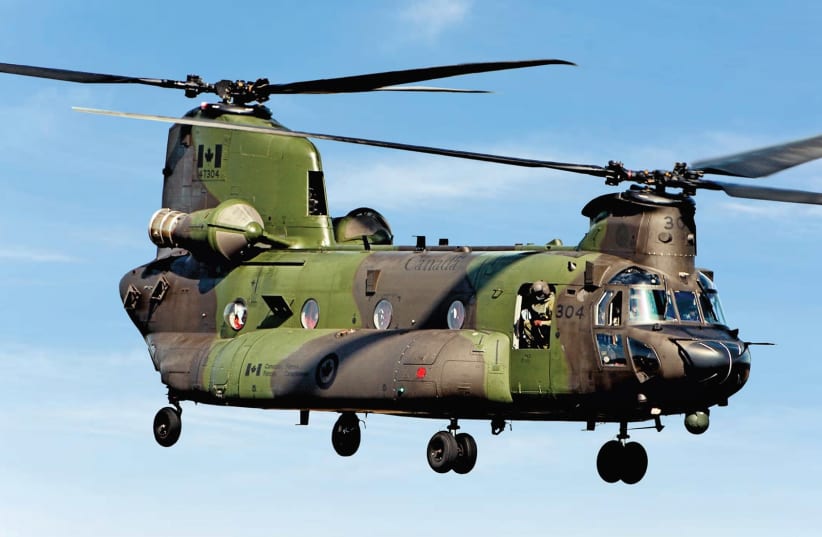 A Canadian Boeing CH-47 Chinook is seen. The IDF recommends that the IAF replace its aging Yasur fleet with these Boeing tandem-rotor transport helicopters (photo credit: Wikimedia Commons)