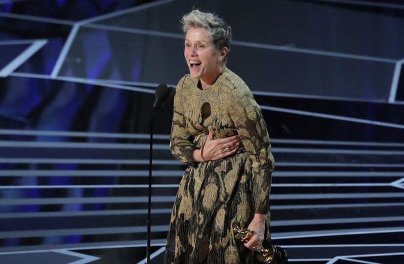  Frances McDormand wins the Best Actress Oscar for Three Billboards Outside Ebbing, Missouri on March 4, 2018. (photo credit: LUCAS JACKSON/REUTERS)