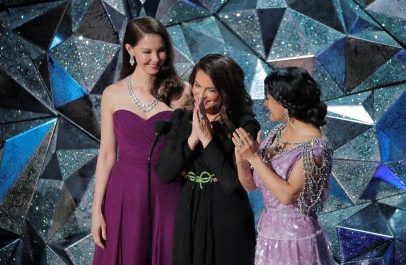 Actresses  Ashley Judd (L), Annabella Sciorra (C) and Salma Hayek (R) at the 90th Academy Awards on March 5th, 2018. (photo credit: REUTERS/LUCAS JACKSON)
