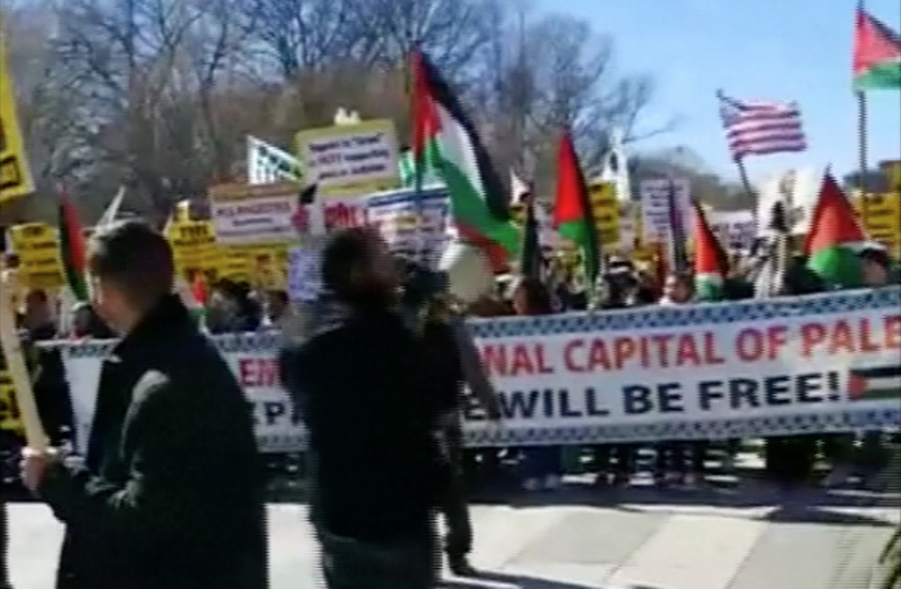 Pro-Palestinian protest in Washington, DC as the AIPAC Policy Conference takes place, March 4, 2018 (photo credit: REUTERS / SCREENSHOT)
