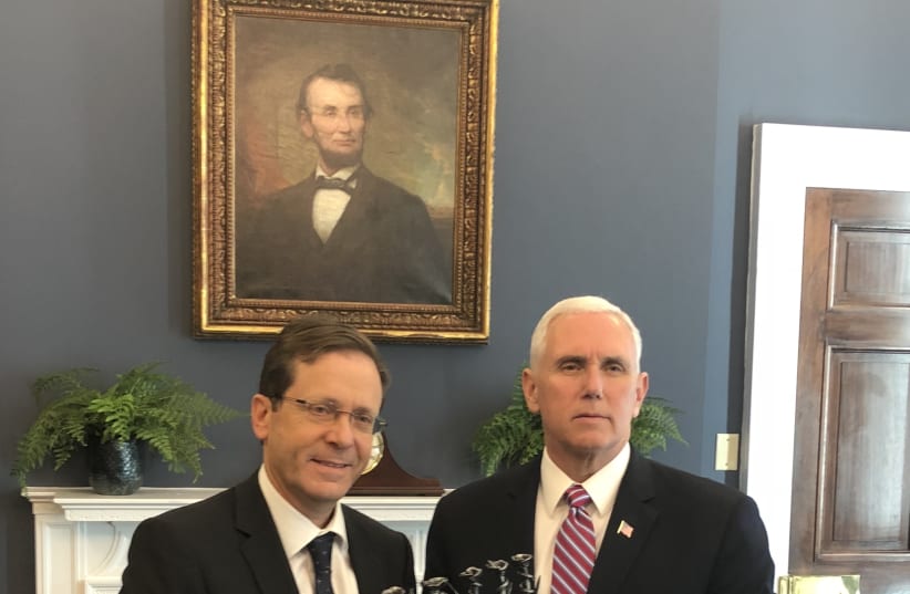US Vice President Mike Pence and Opposition Leader Isaac Herzog meet in Washington, March 2018 (photo credit: COURTESY OF THE OFFICE OF THE OPPOSITION LEADER)
