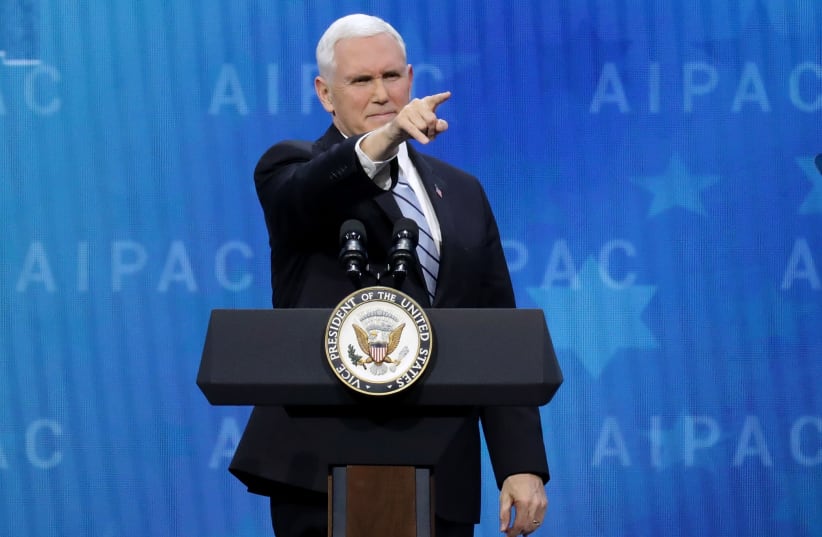 US Vice President Mike Pence addresses AIPAC, March 2018 (photo credit: AFP PHOTO)