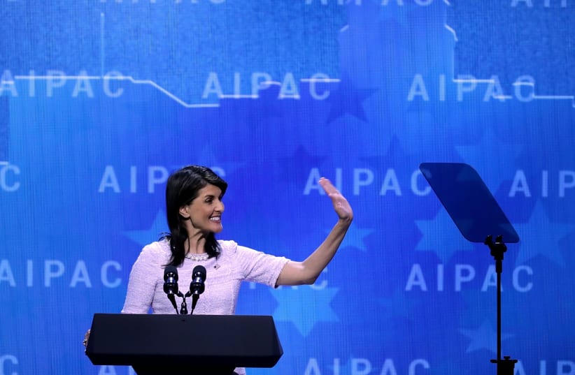 US Ambassador to the UN Nikki Haley addresses AIPAC, March 2018 (photo credit: AFP PHOTO)