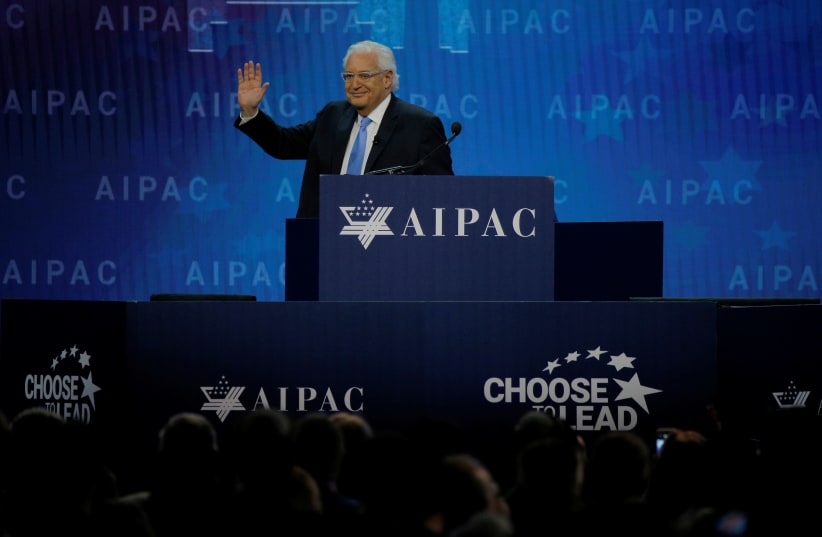 U.S. Ambassador to Israel David Friedman addresses the AIPAC policy conference in Washington, DC, U.S., March 6, 2018. (photo credit: BRIAN SNYDER / REUTERS)
