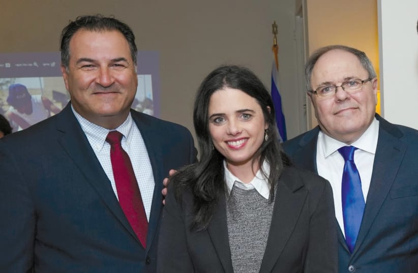 Justice Minister Ayelet Shaked, flanked by Israel Bonds president Israel Maimon (left) and Consul-General in New York Dani Dayan (photo credit: Courtesy)