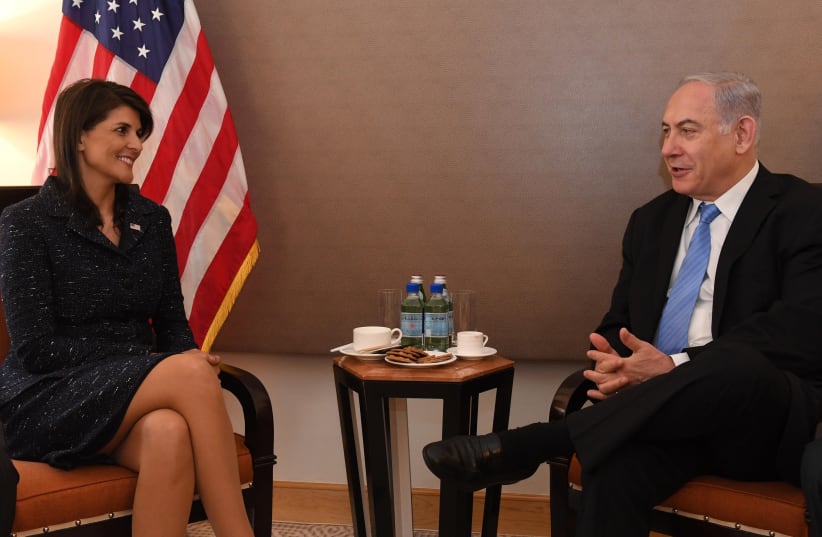 US Ambassador to the UN Nikki Haley meets with Israeli Prime Minister Benjamin Netanyahu in New York City, March 2018 (photo credit: CHAIM ZACH / GPO)