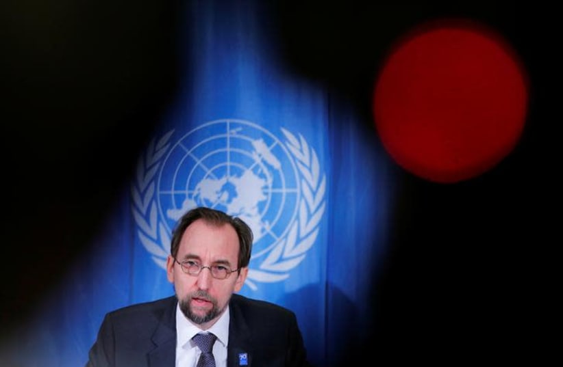 Zeid Ra'ad al-Hussein, U.N. High Commissioner for Human Rights addresses a news conference at the United Nations in Geneva, Switzerland March 9, 2018. REUTERS/Denis Balibouse (photo credit: DENIS BALIBOUSE/REUTERS)