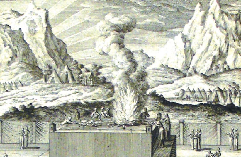 BURNT OFFERING: A print from the Phillip Medhurst Collection of Bible illustrations at St. George’s Court, Kidderminster, England (photo credit: Wikimedia Commons)