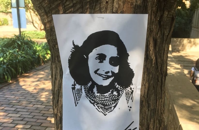 A sketched picture of Anne Frank wearing a Palestinian keffiyeh stuck to a tree at Wits University in Johannesburg during this weeks Israel-Apartheid Week (photo credit: Courtesy)