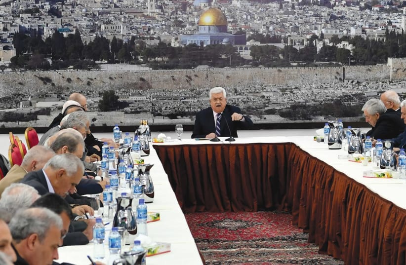 Palestinian Authority President Mahmoud Abbas speaks at a meeting in Ramallah on March 19, 2018 (photo credit: PPO)