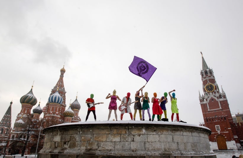 The members of Pussy Riot in the Red Square in Moscow (photo credit: ALEXANDER SOFEEV)
