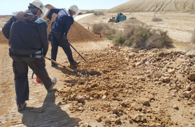 Workers clearing the area of Qasr el-Yahud baptism site of mines (photo credit: DEFENSE MINISTRY)