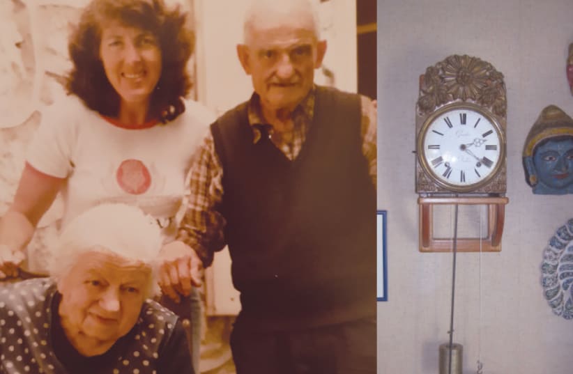 Left: BETTY EPPEL (standing, left) visits Josephine and Victor Guicherd in France in 1986. Right: VICTOR GUICHERD’S clock hangs in Betty Eppel’s house (photo credit: DAVID EPPEL)