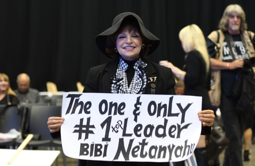 A supporter of Prime Minister Benjamin Netanyahu holding a sign in a Likud party Passover event  (photo credit: AVSHALOM SASSONI)