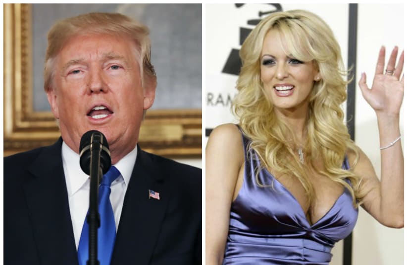 United States President Donald Trump (L) and adult film actress Stormy Daniels (R). (photo credit: KEVIN LAMARQUE/DANNY MOLOSHOK/REUTERS)