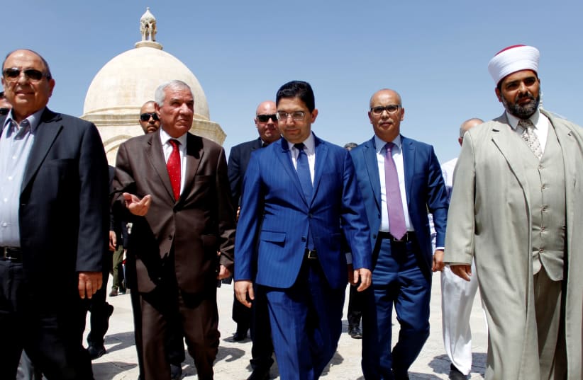 Moroccan Foreign Minister Nasser Bourita visits the Al Aqsa mosque on the Temple Mount (photo credit: STRINGER/ REUTERS)