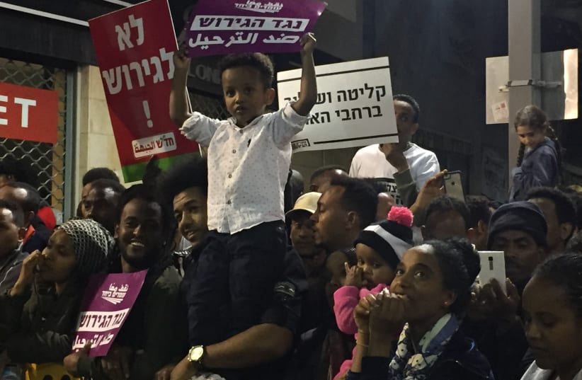 Asylum seekers protest against the deportation in south Tel Aviv (photo credit: REBECCA MONTAG)