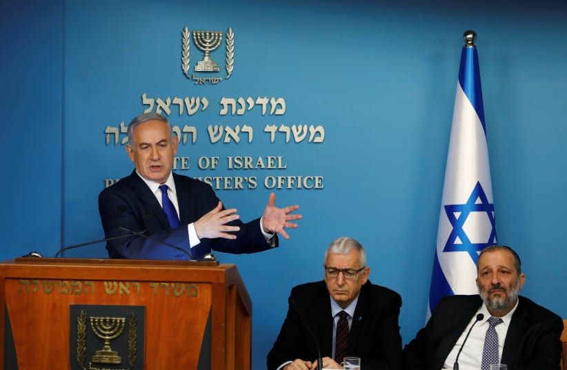 Israeli Prime Minister Benjamin Netanyahu gestures during a news conference at the Prime Minister's office in Jerusalem April 2, 2018.  (photo credit: REUTERS/Ronen Zvulun)