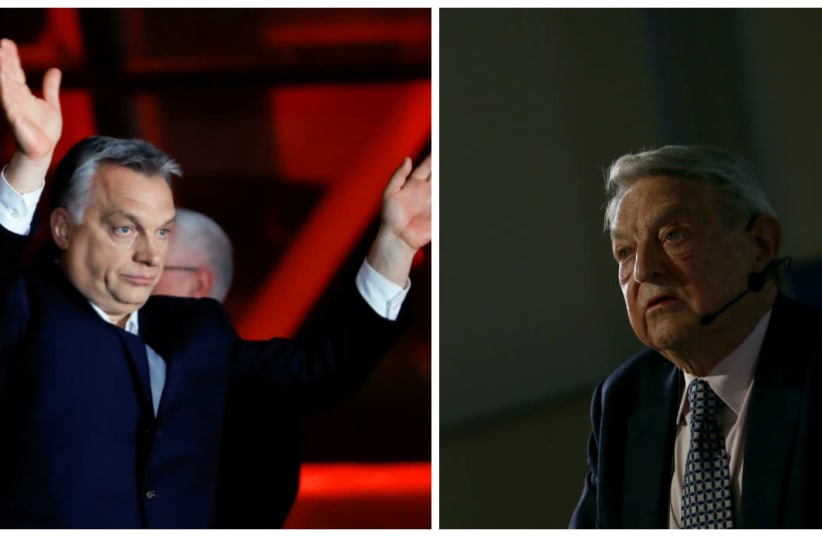 Hungarian President Viktor Orban (left) and Jewish Philanthropist George Soros (photo credit: LEONHARD FOEGER + RALPH ORLOWSKI/REUTERS)