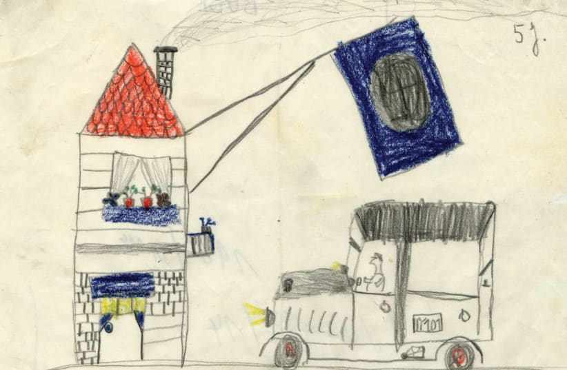 ‘HOUSE WITH Swastika Flag,’ Bubi (last name unknown), undated, wax, pencil and graphite pencil on paper. (photo credit: DÜSSELDORF CITY MUSEUM/ESTATE OF JULO LEVIN)