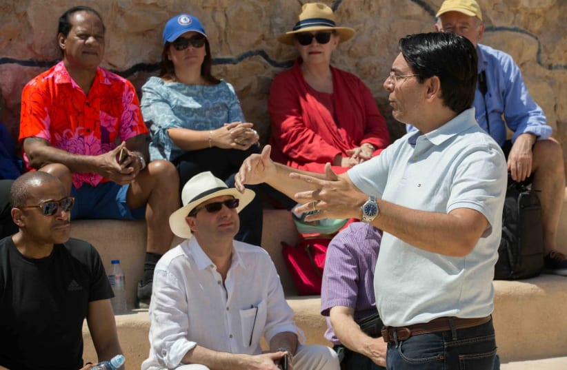 Ambassador Danon speaking with the UN ambassadors at Masada (photo credit: AVI DODI)
