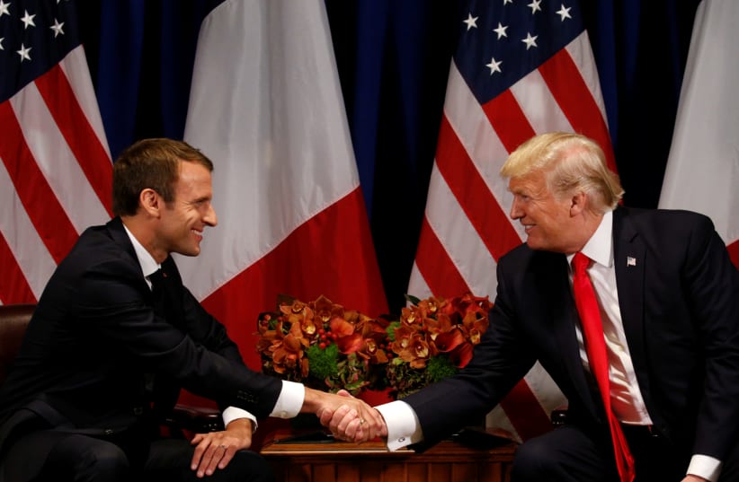 US President Donald Trump meets French President Emmanuel Macron in New York, US, September 18, 2017. (photo credit: REUTERS/KEVIN LAMARQUE)
