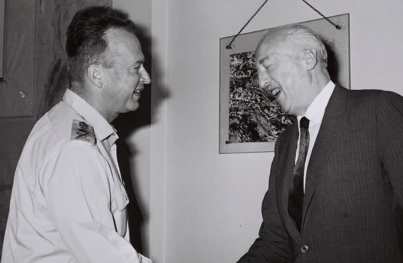 FORMER FRENCH defense minister General Pierre Koenig (right) visits chief of staff Yitzhak Rabin in Tel Aviv in 1967 (photo credit: MOSHE MILNER / GPO)