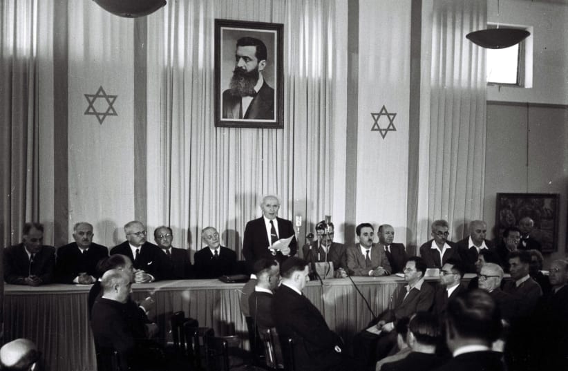 Prime Minister David Ben-Gurion declares Israel an independent state in Tel Aviv on May 14, 1948 (photo credit: ZOLTAN KLUGER)