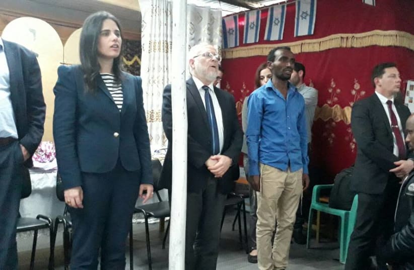 Justice Minister Ayelet Shaked sings the anthem during a meeting with Ethiopian Jews in Addis Ababa (photo credit: THE STRUGGLE FOR ETHIOPIAN ALIYAH)