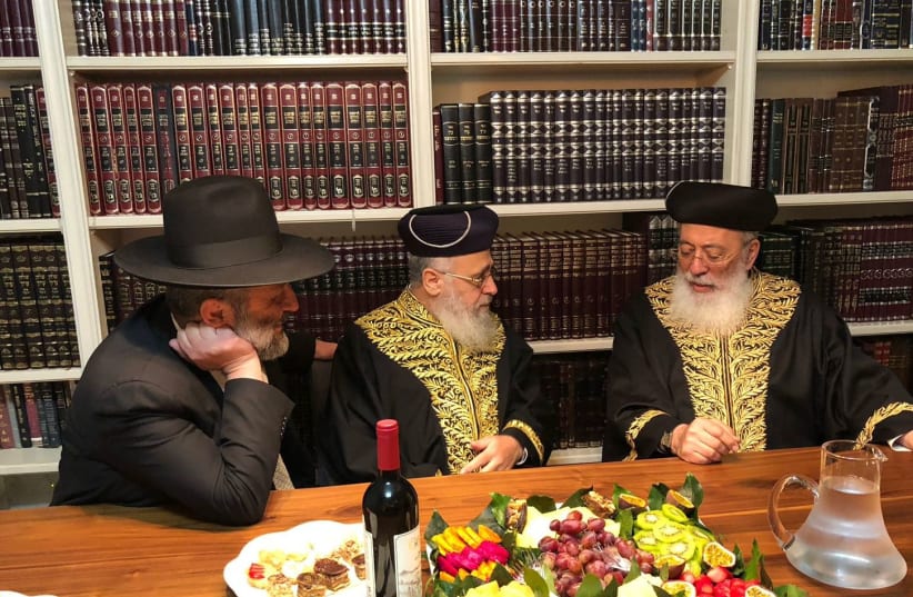 Rabbi Shlomo Amar, Rabbi Yitzhak Yosef and Aryeh Deri meeting (photo credit: Courtesy)
