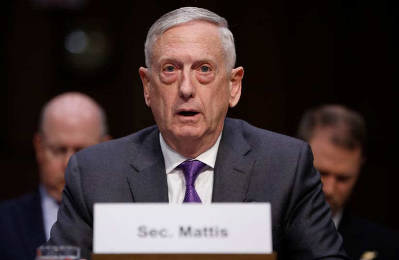US Defense Secretary Jim Mattis testifies before a Senate Armed Services Committee hearing, April 26, 2018 (photo credit: REUTERS/AARON P. BERNSTEIN)