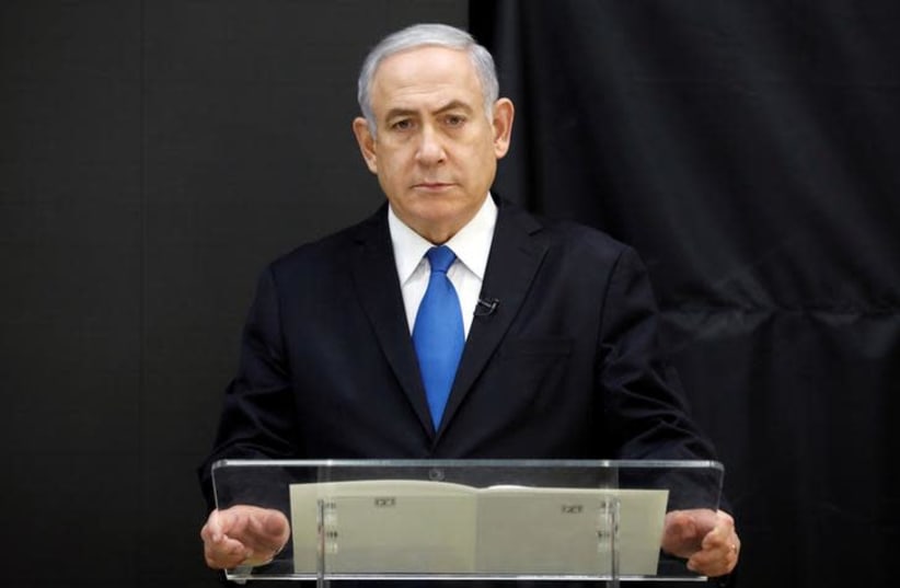 Israeli Prime minister Benjamin Netanyahu speaks during a news conference at the Ministry of Defence in Tel Aviv, Israel, April 30, 2018 (photo credit: REUTERS/AMIR COHEN)