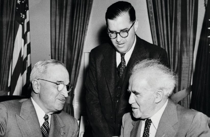President Harry Truman welcomes prime minister David Ben-Gurion and Israel’s ambassador Abba Eban to the White House on May 1, 1951 (photo credit: FRITZ COHEN/GPO)