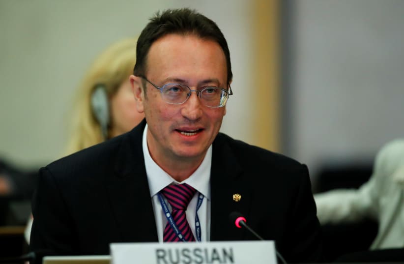 Vladimir Yermakov, Director general of the Department for non-proliferation and arms control of Russia attends the 2nd Preparatory session of the 2020 Non Proliferation Treaty (NPT) Review Conference at the United Nations in Geneva, Switzerland April 24, 2018. (photo credit: DENIS BALIBOUSE / REUTERS)
