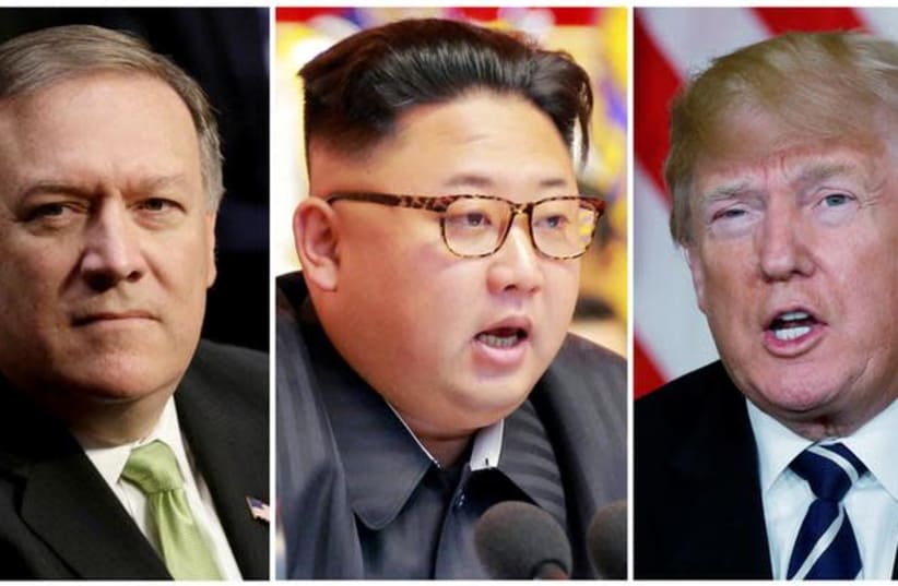  A combination photo shows Mike Pompeo (L) in Washington, North Korean leader Kim Jong Un (C) in Pyongyang, North Korea and US President Donald Trump (R), in Palm Beach, Florida, US. (photo credit: KCNA/ REUTERS)