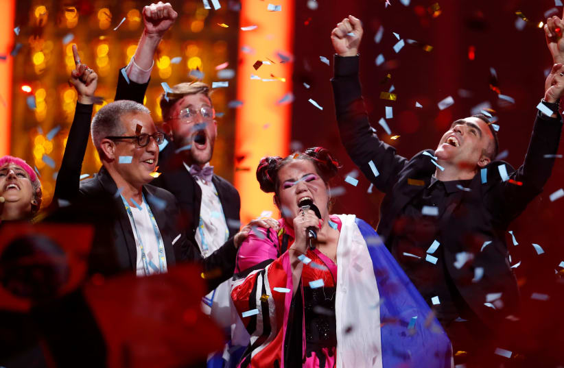 Israel's Netta performs after winning the Grand Final of Eurovision Song Contest 2018 at the Altice Arena hall in Lisbon, Portugal, May 12, 2018. (photo credit: REUTERS/PEDRO NUNES)