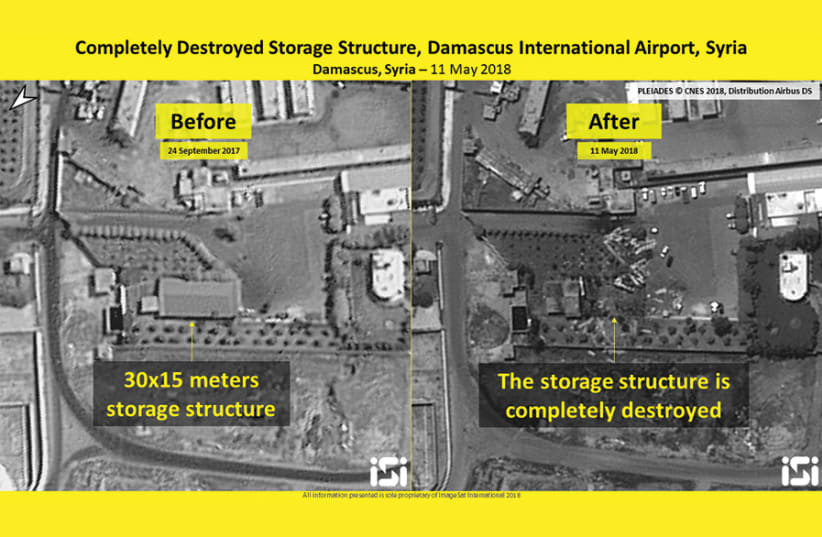 Destroyed storage structure, Damascus International Airport, Syria, 11 May 2018, intelligence analysis provided by ISI (photo credit: IMAGESAT INTERNATIONAL (ISI))