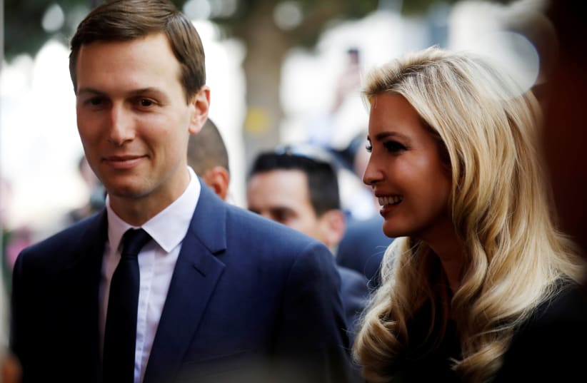 Senior White House Advisers Jared Kushner and Ivanka Trump attend a reception held at the Israeli Ministry of Foreign Affairs in Jerusalem ahead of the moving of the US embassy to Jerusalem, May 13, 2018 (photo credit: AMIR COHEN/REUTERS)