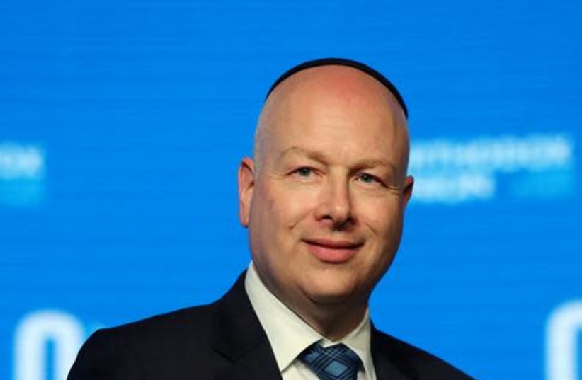 Jason Greenblatt, U.S. President Donald Trump's Middle East envoy, attends a reception hosted by the Orthodox Union in Jerusalem ahead of the opening of the new U.S. embassy in Jerusalem, May 14, 2018 (photo credit: AMMAR AWAD/REUTERS)