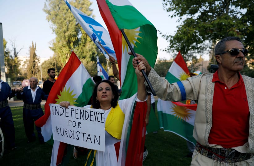 Israelis from Kurdish origin take part in a rally in support of the Kurdish referendum outside the American consulate in Jerusalem September 24, 2017 (photo credit: RONEN ZVULUN / REUTERS)
