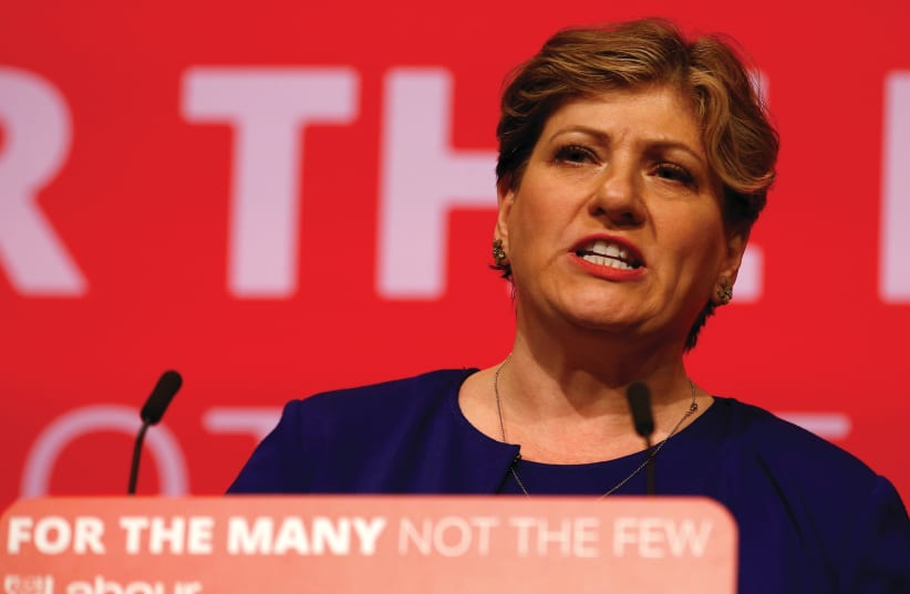 Britain's shadow foreign secretary Emily Thornberry speaks at the Labour Party Conference in Brighton last year (photo credit: PETER NICHOLLS/REUTERS)