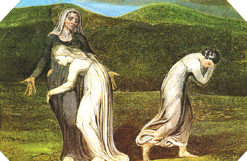 NAOMI ENTREATING [famous convert] Ruth and Orpah to return to the land of Moab, by William Blake, 1795 (photo credit: Wikimedia Commons)