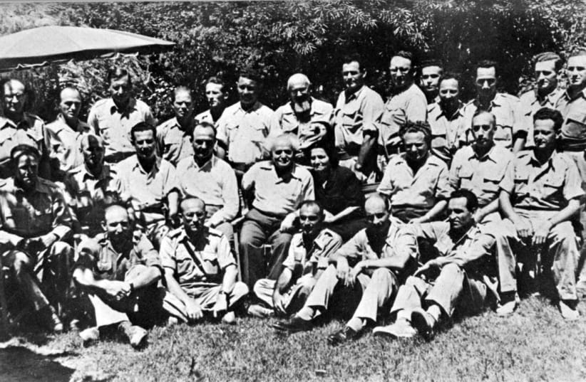 David Ben Gurion and the first IDF General Staff after being sworn in     (photo credit: Wikimedia Commons)