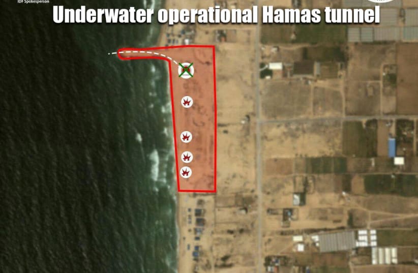  IDF graphic shows Hamas naval tunnel destroyed Sunday June 3rd. (photo credit: IDF SPOKESPERSON'S OFFICE)
