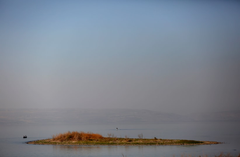 A piece of land is seen in the Sea of Galilee (photo credit: REUTERS/Ronen Zvulun)