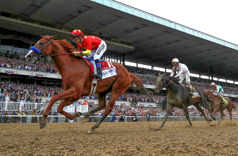 Justify with jockey Mike Smith aboard wins the 150th running of the Belmont Stakes, the third leg of the Triple Crown of Thoroughbred Racing at Belmont Park in Elmont, New York, U.S., June 9, 2018. (photo credit: MIKE SEGAR / REUTERS)