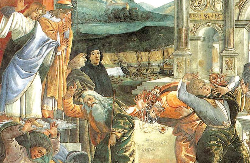 THE PUNISHMENT of Korah, a detail from the fresco ‘Punishment of the Rebels’ by Sandro Botticelli in the Sistine Chapel (photo credit: Wikimedia Commons)